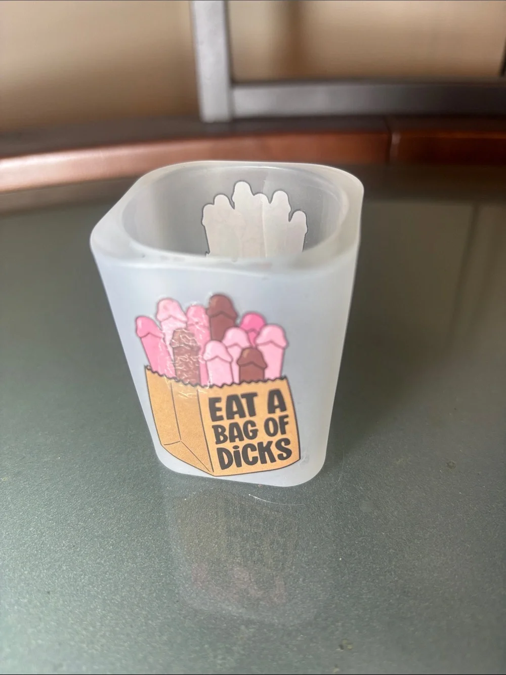 Novelty 'Eat a Bag of Dicks' Frosted Shot Glass - Pink & Brown Design